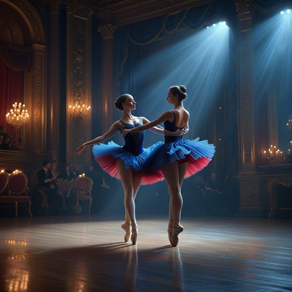 Ballet Dancers Embrace on Stage in Ethereal Lighting