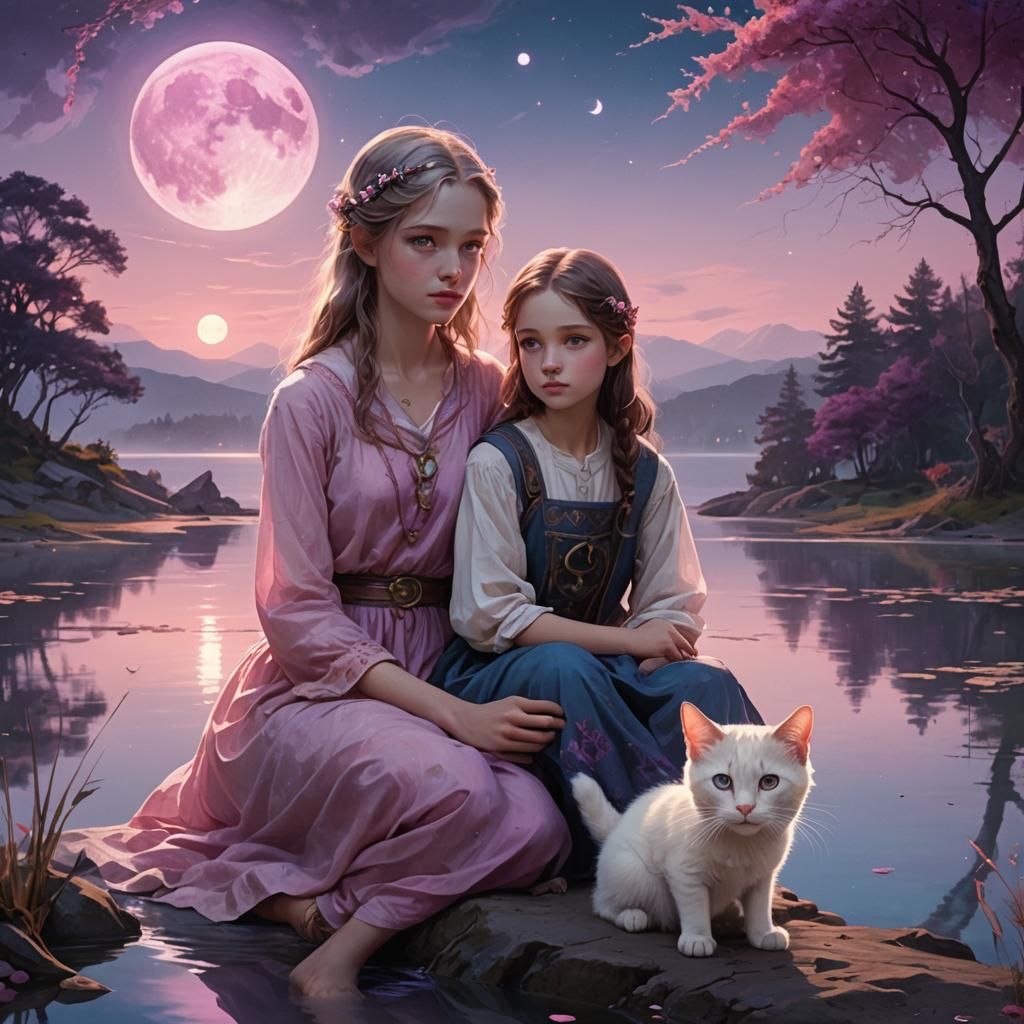 Children by Lake Under Pink Moon