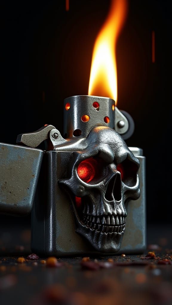 Hyperrealistic Lighter with Skull Flame in Cinematic Still