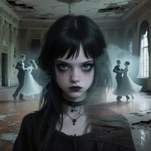 Gothic Emo Girl Double Exposure in Abandoned Ballroom