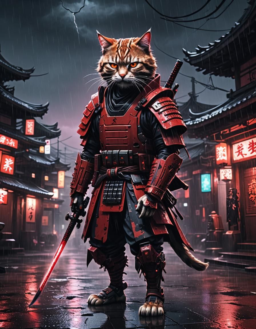 Cyberpunk Cat Samurai in Dystopian Cityscape