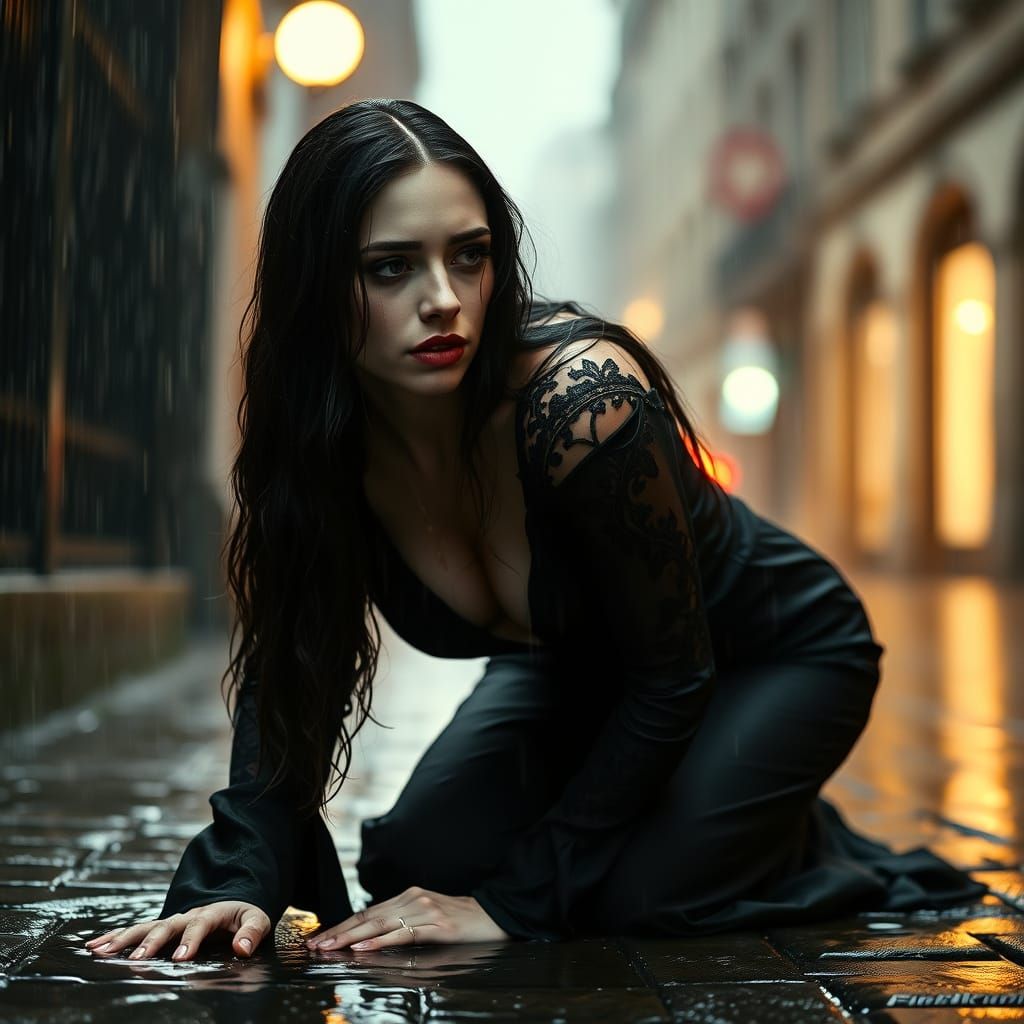 Gothic Woman Weeps in Rainy Puddle