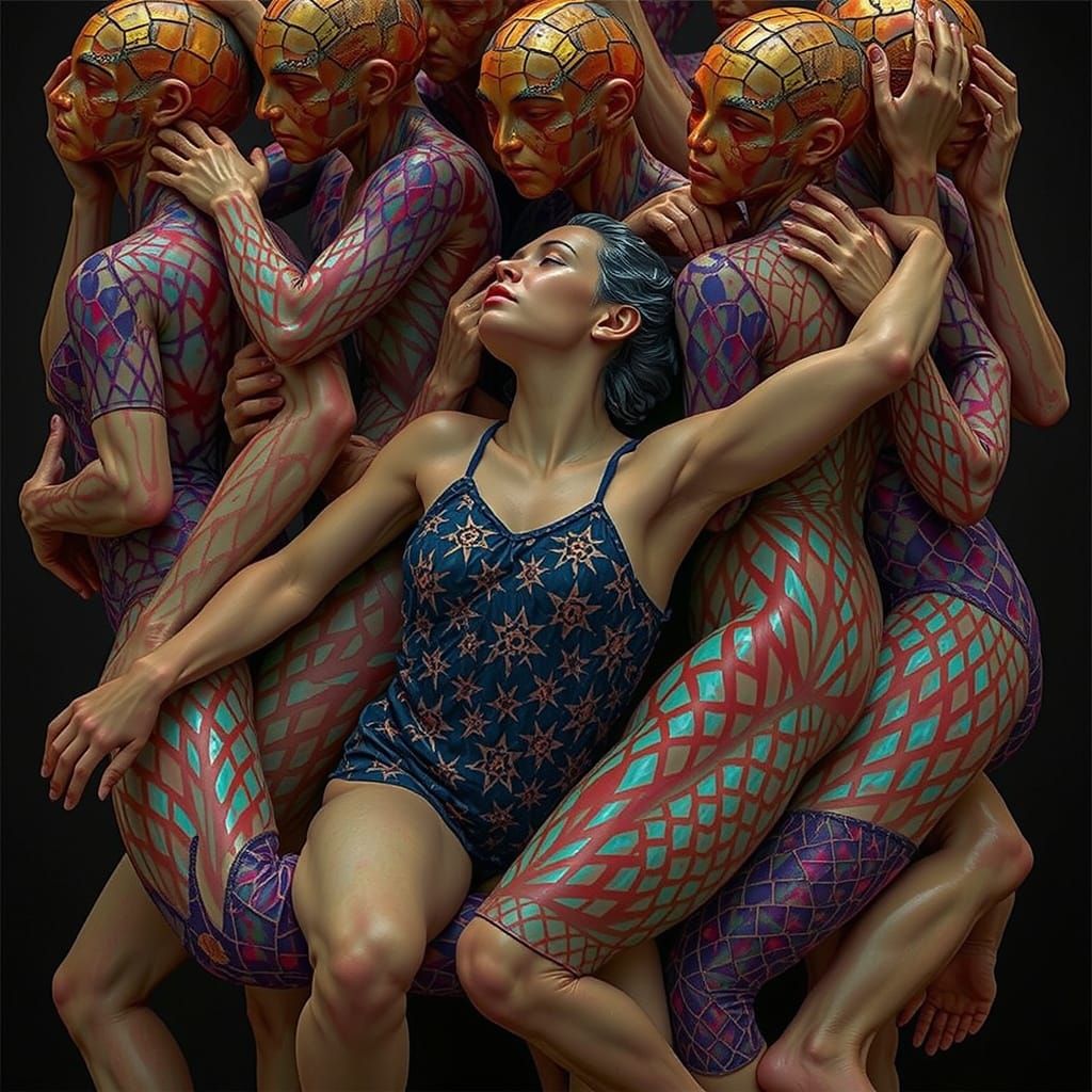 Iridescent Geometric Sculpture of Huddled Figures