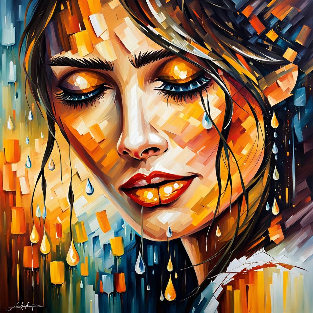 Emotional Woman Crying: Oil Painting in Afremov Style