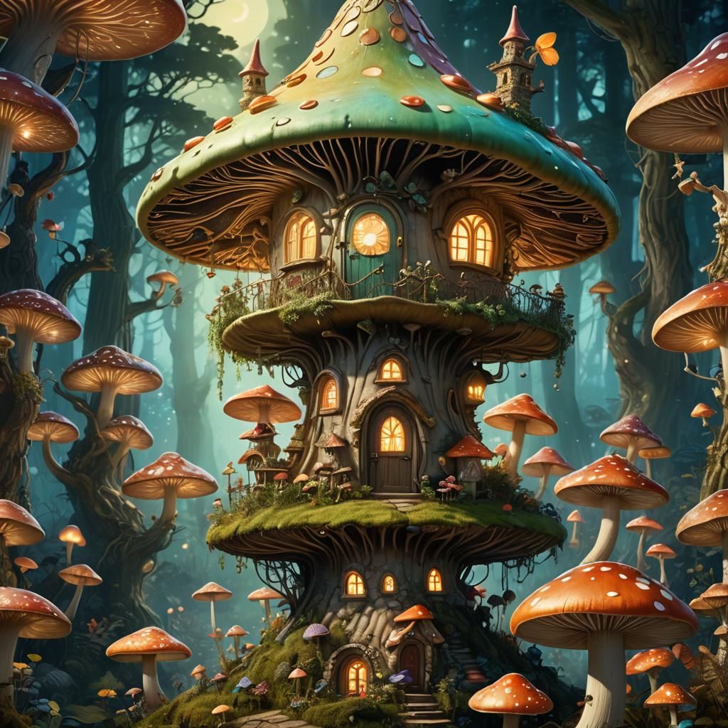 Fairy on Mushroom House in Whimsical Forest