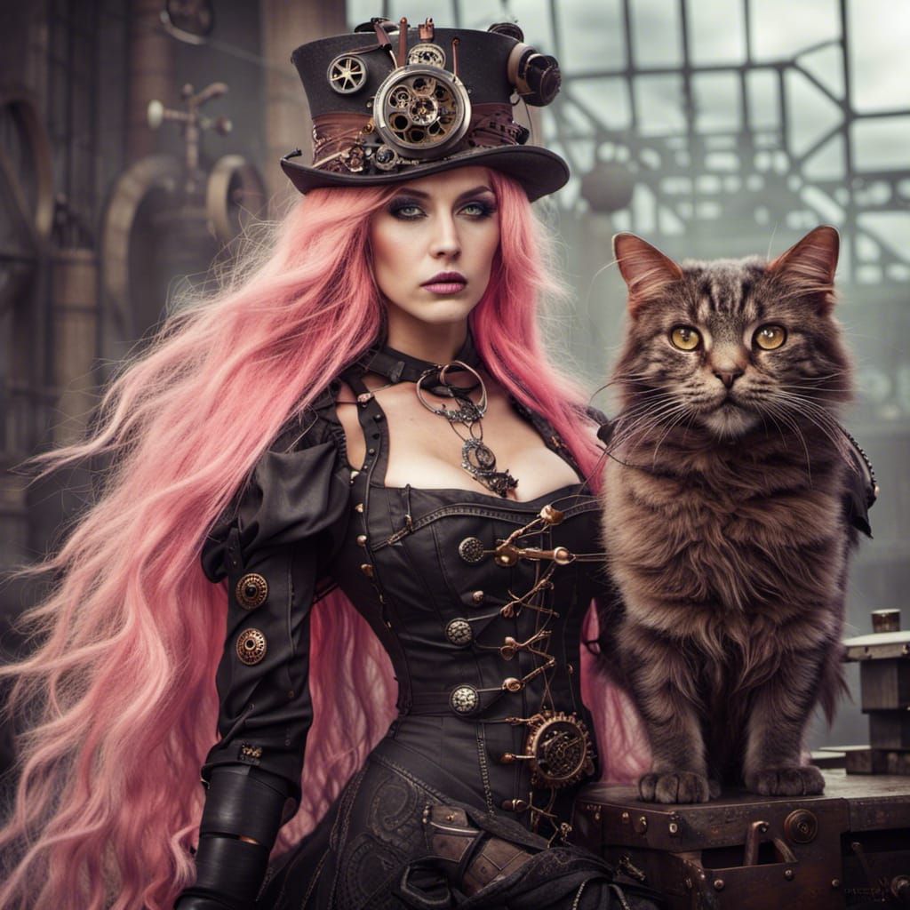 Steampunk Witch with Pink Hair and Cat Eyes