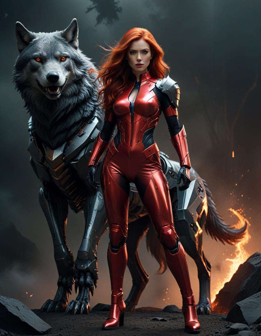Epic Cinematic Heroine with Robotic Wolf in Dark Futuristic...