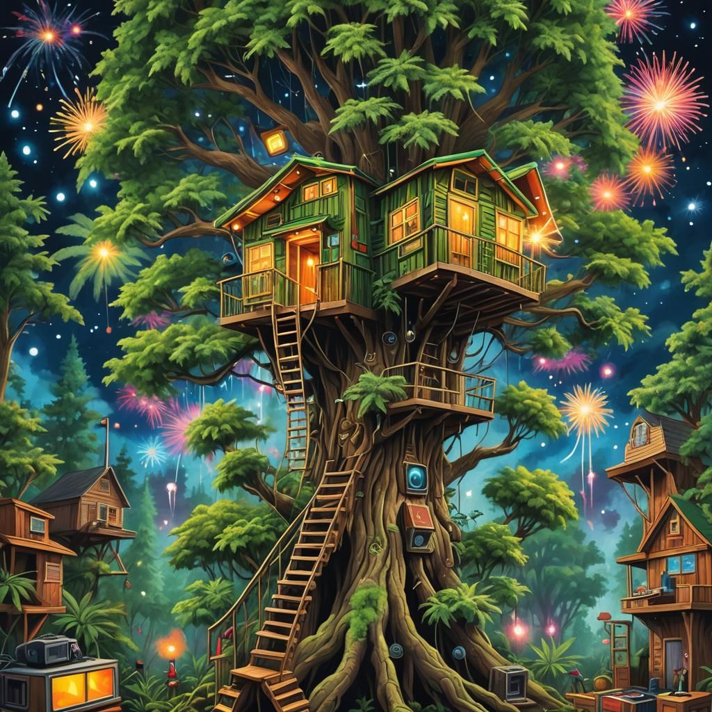 Marijuana Treehouse with Fireworks in Gouache Style