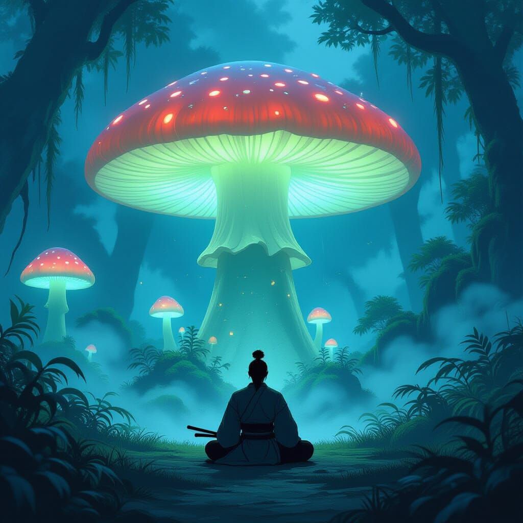 Samurai Meditating in Alien Jungle Under Bioluminescent Mush...