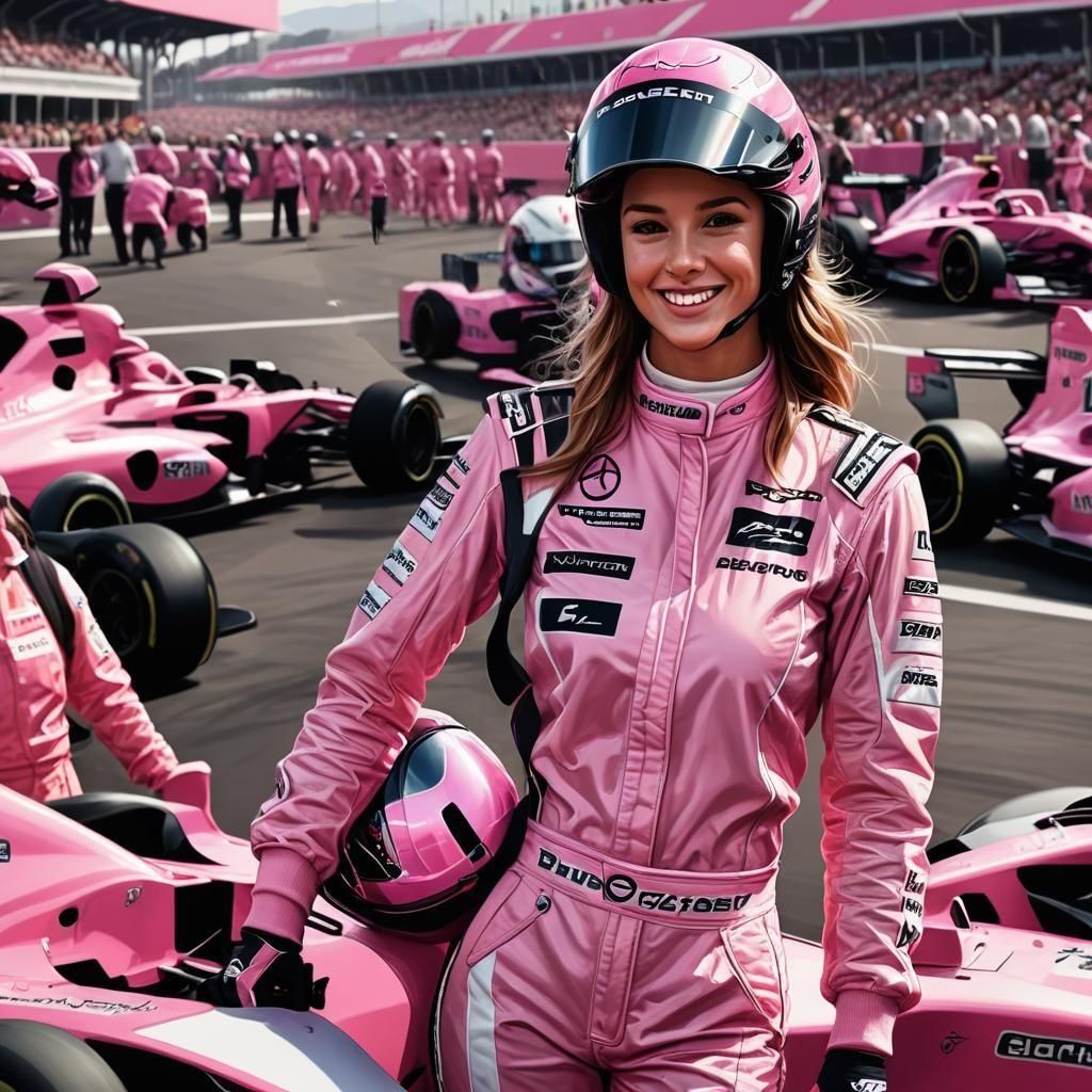 Pink Formula 1 Racing Team with Female Driver