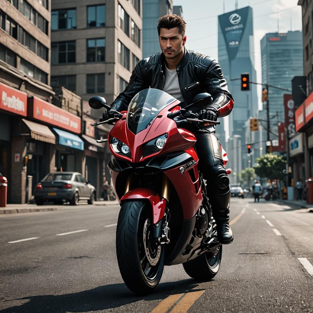 Cyberpunk Russian Biker on Hayabusa, Cinematic Render