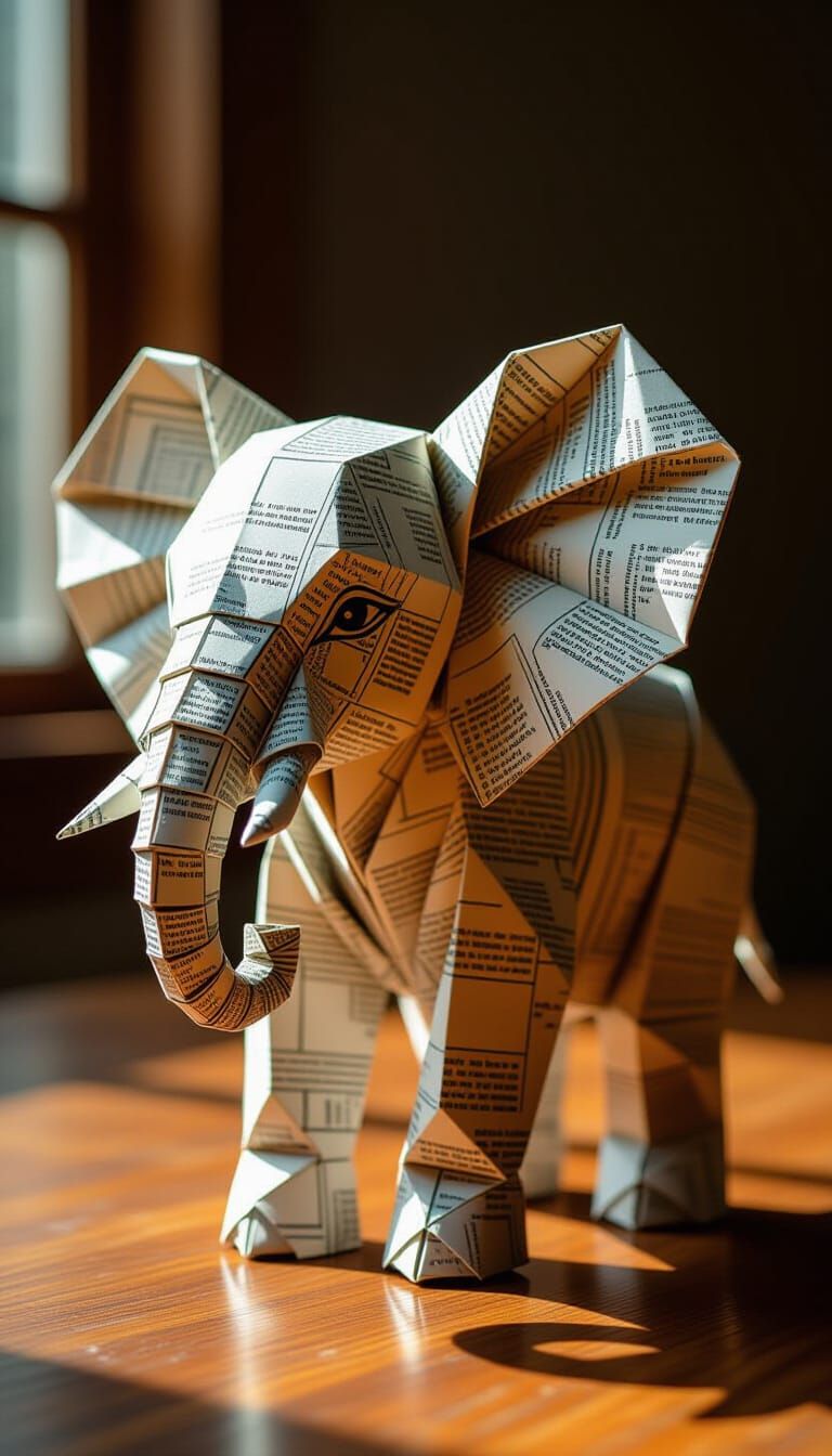 Origami Elephant Sculpture in Newspaper Collage Style
