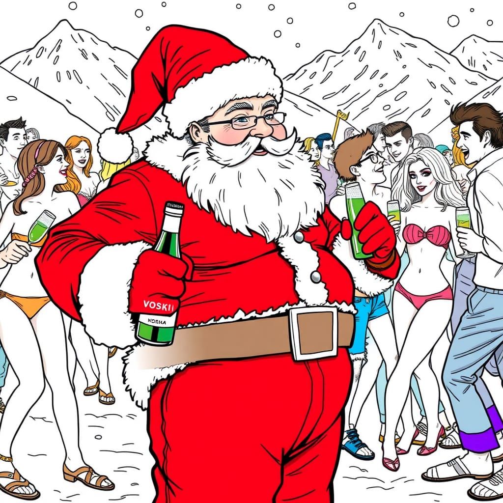 Santa Claus at Après-Ski Party: Black and White Illustration