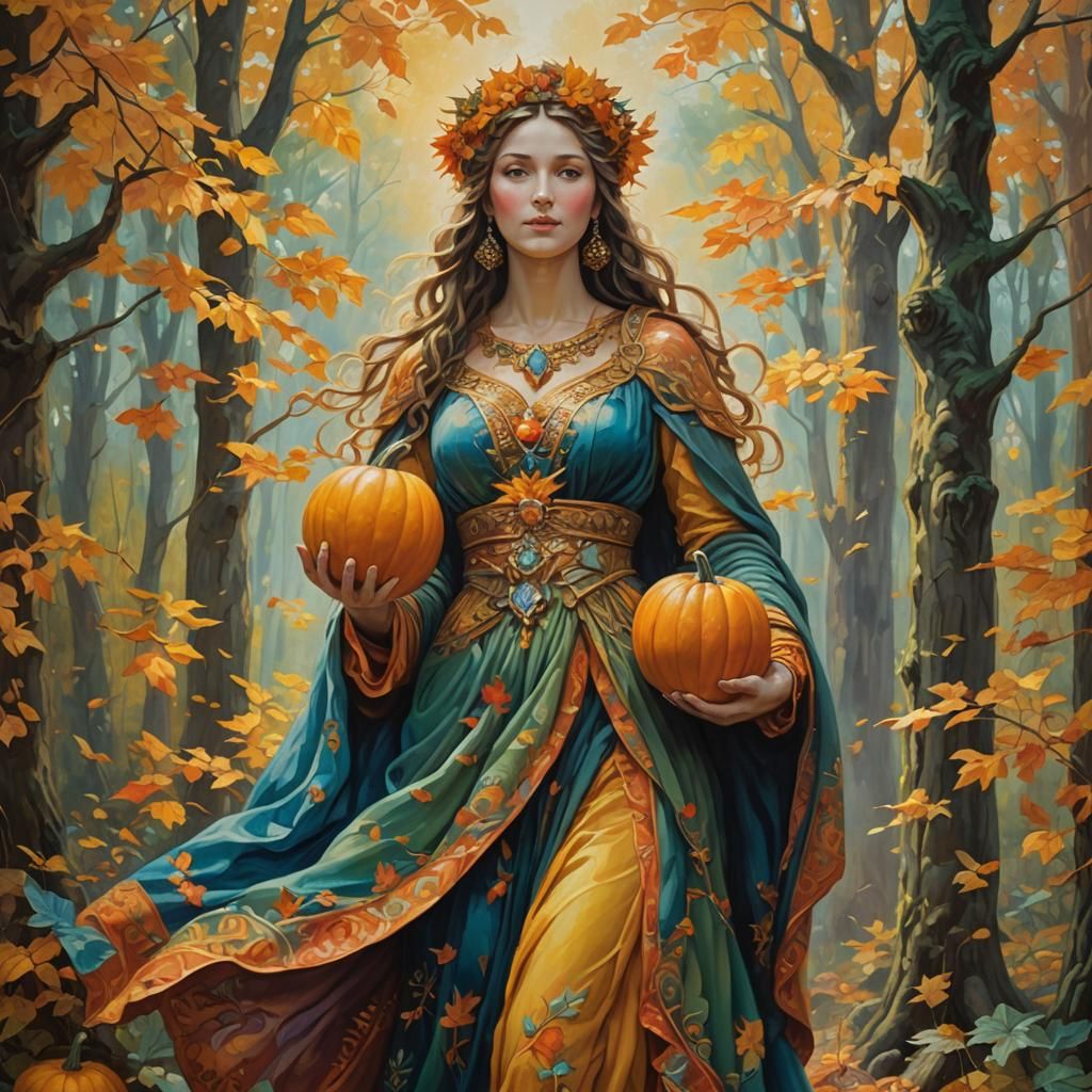 Autumn Goddess in Forest, Vibrant Oil Painting