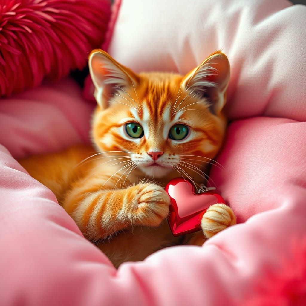 Vibrant Ginger Cat Surrounded by Soft Pink Pillows in Dreaml...