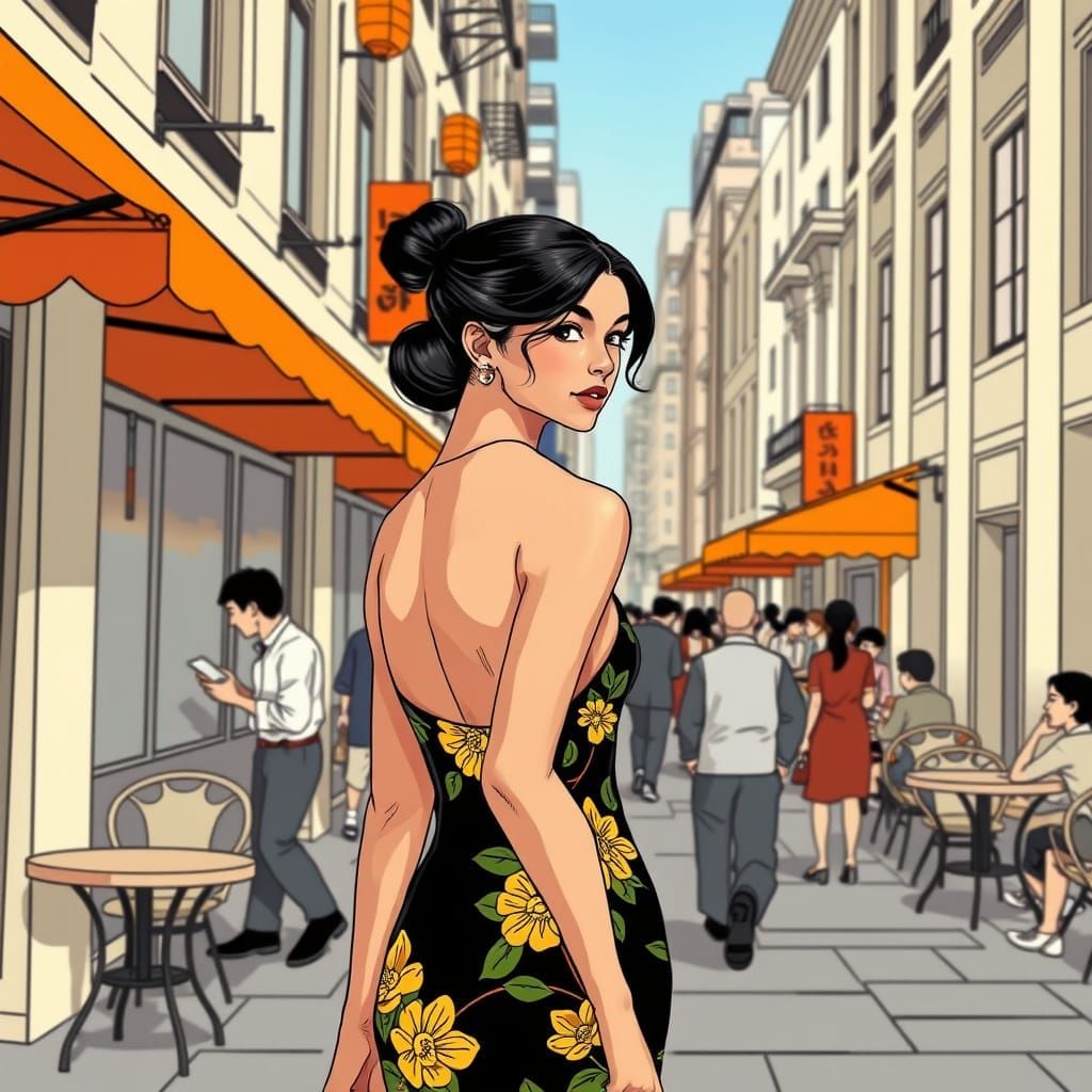 Elegant Latina Woman Strolls Through Art Deco-Inspired Stree...
