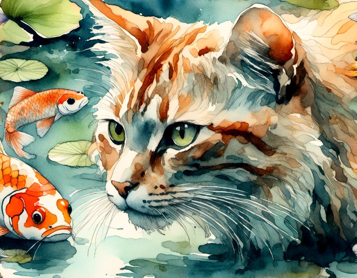 A cat staring at a koi fish in a koi pond.