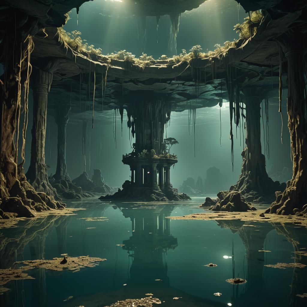 Underground Lake with Bioluminescent Fungi and Ancient Templ...