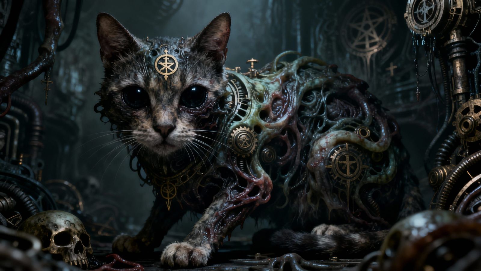 Surreal Distorted Cat with Occult Symbols