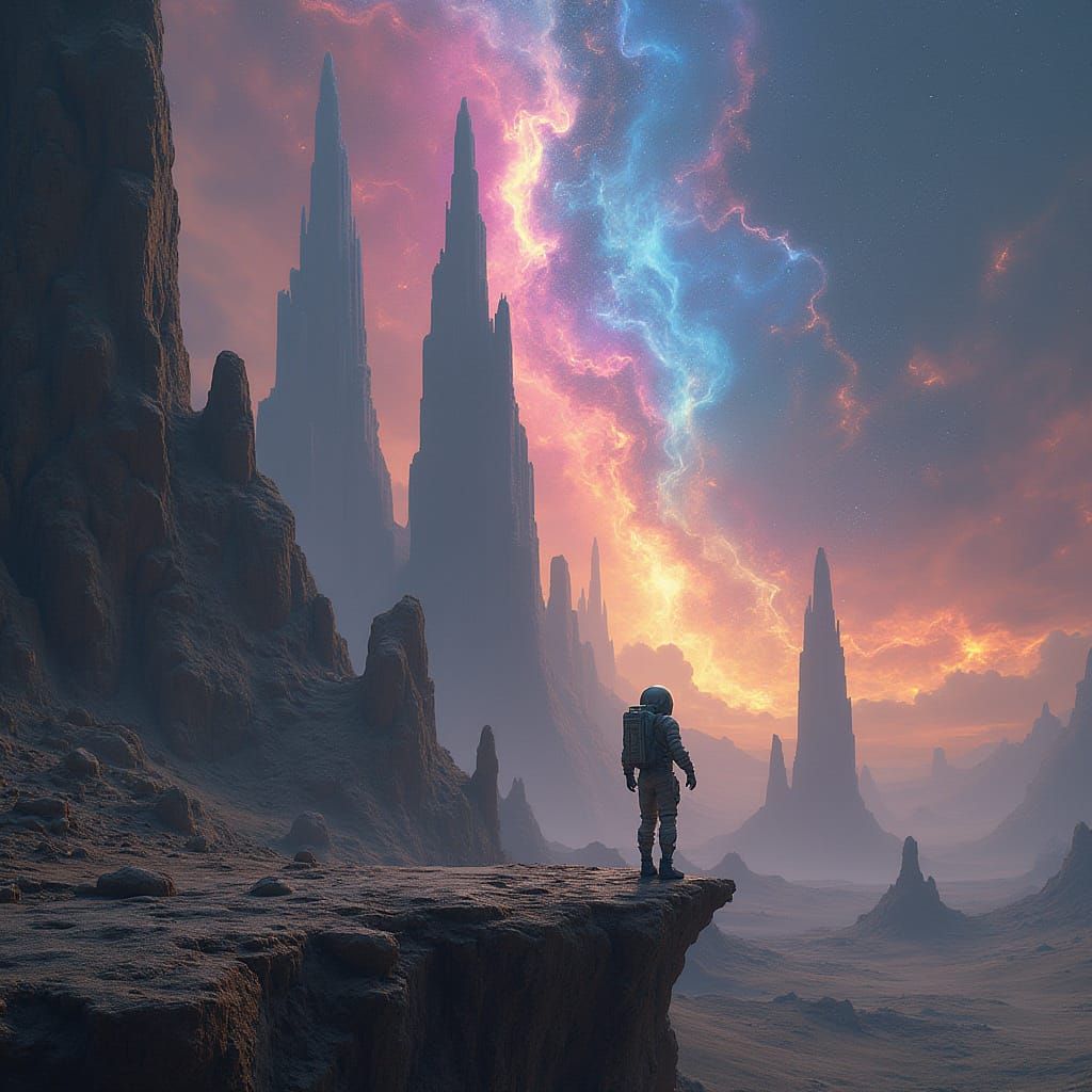 Astronaut on Alien Planet with Nebula, Surrealist Art