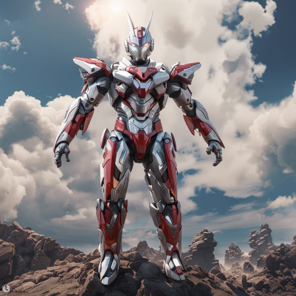 Mecha Ultraman with Weapons Flying in the Sky