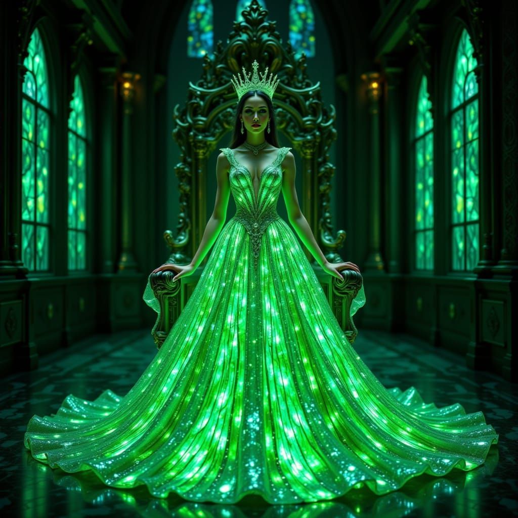 Regal Queen in Emerald Stained Glass Gown