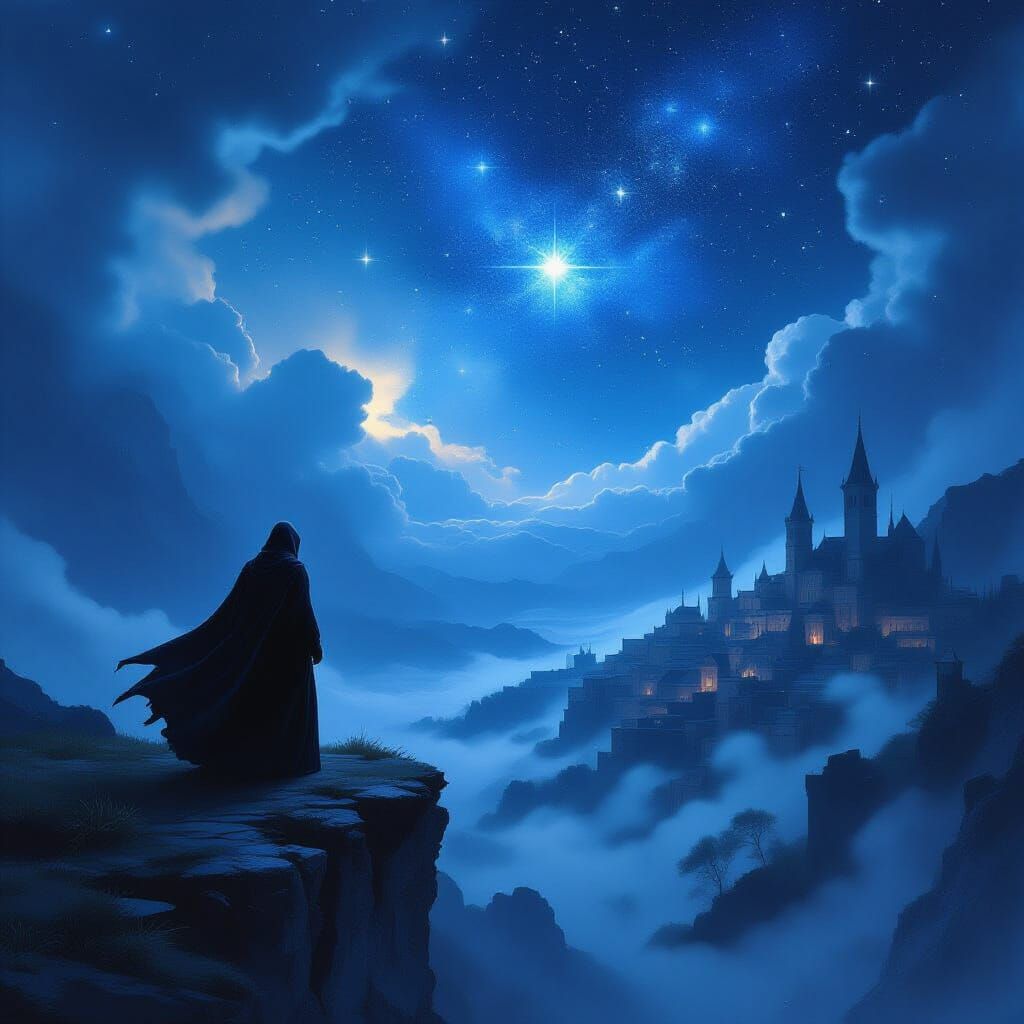 Mysterious Figure on Cliff Overlooking Misty Medieval Villag...