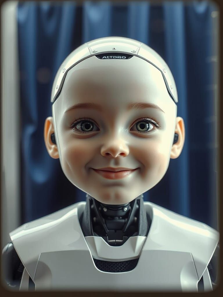 Photorealistic Portrait of Childlike Android in Photo Booth