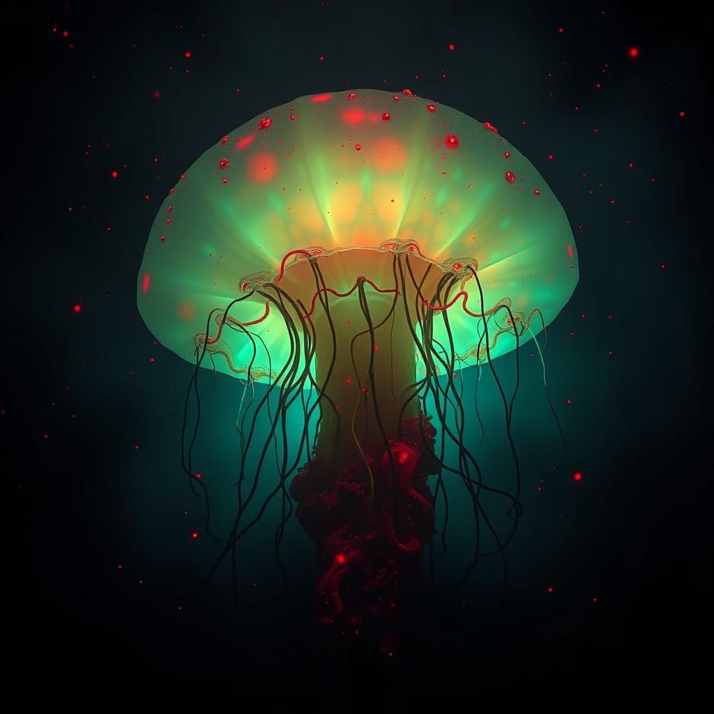 Eerie Bioluminescent Demonic Jelly in Ethereal Darkness