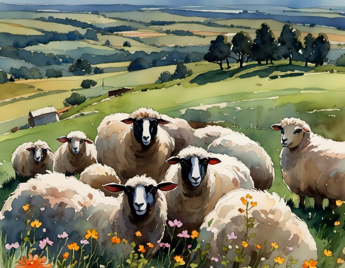 Sheep Grazing on Hillside: Watercolor Painting