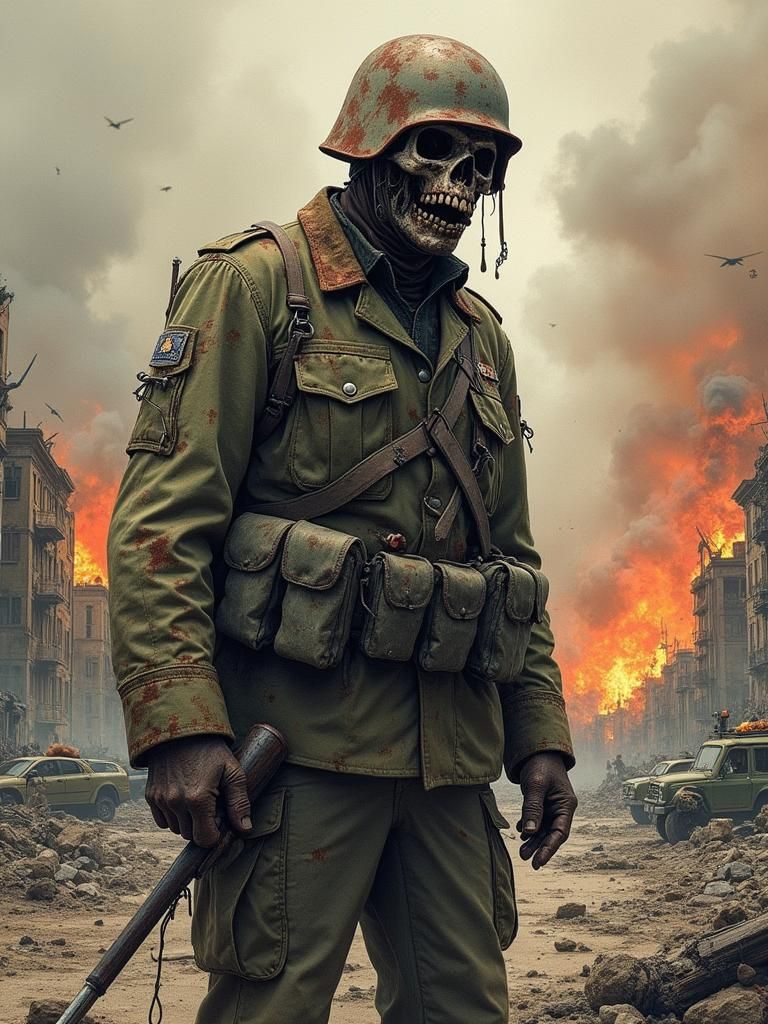 Soldier in Death Mask Amidst Battlefield Destruction