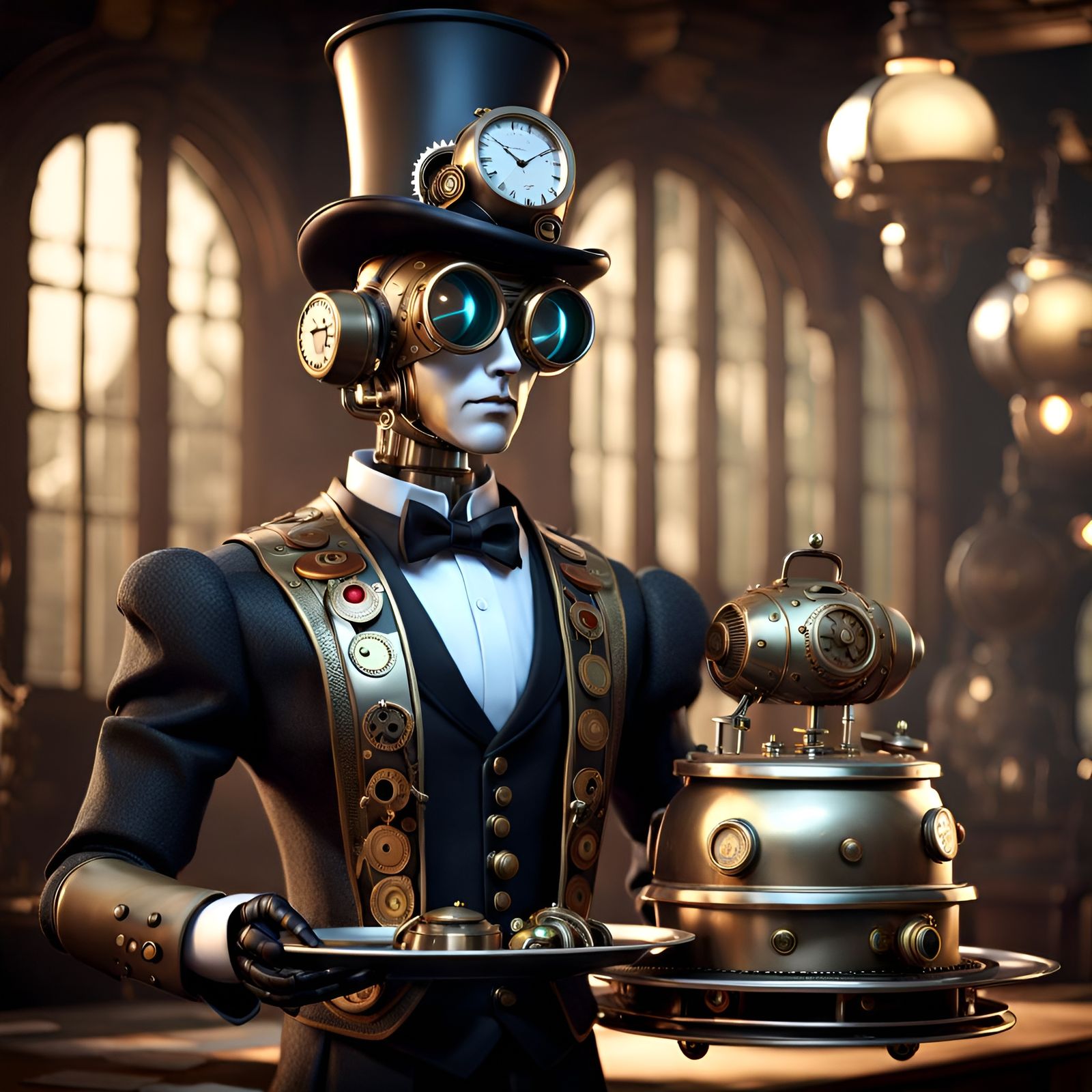 Elegant Steampunk Butler Robot in 3D Digital Art