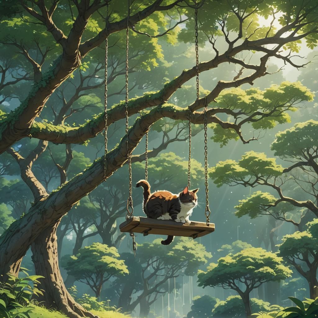 Cat on Tree Swing in Anime Style