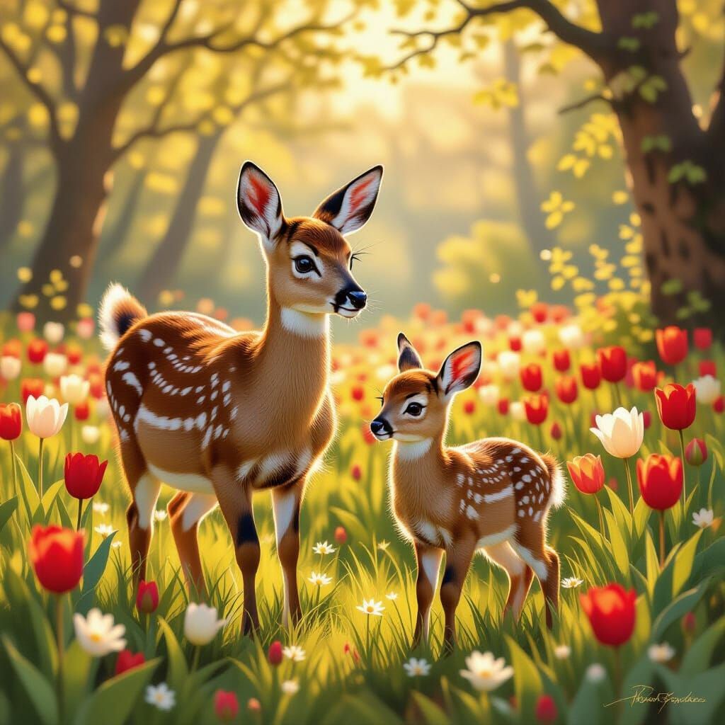 Doe and Fawn in Tulip Clearing with Golden Hour Light
