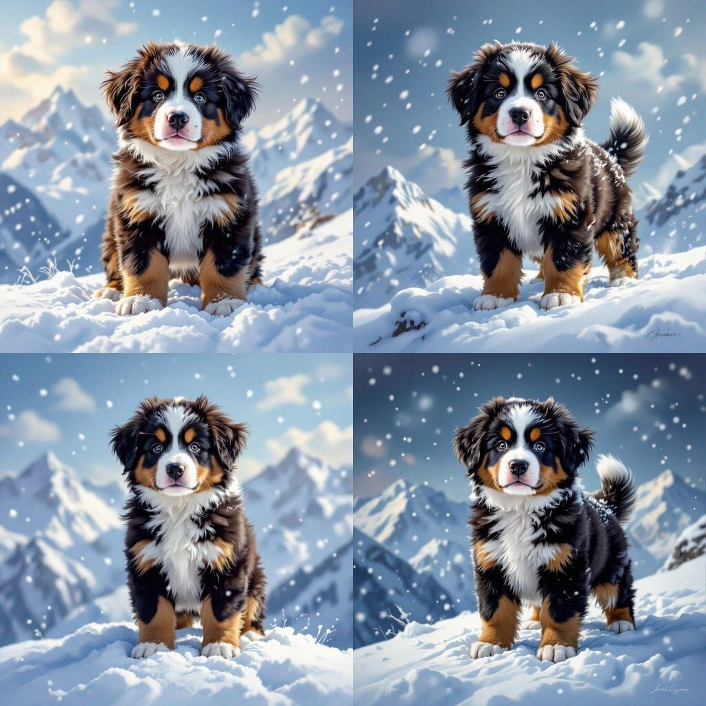 Bernese Mountain Dog Puppy in Blizzard Oil Painting