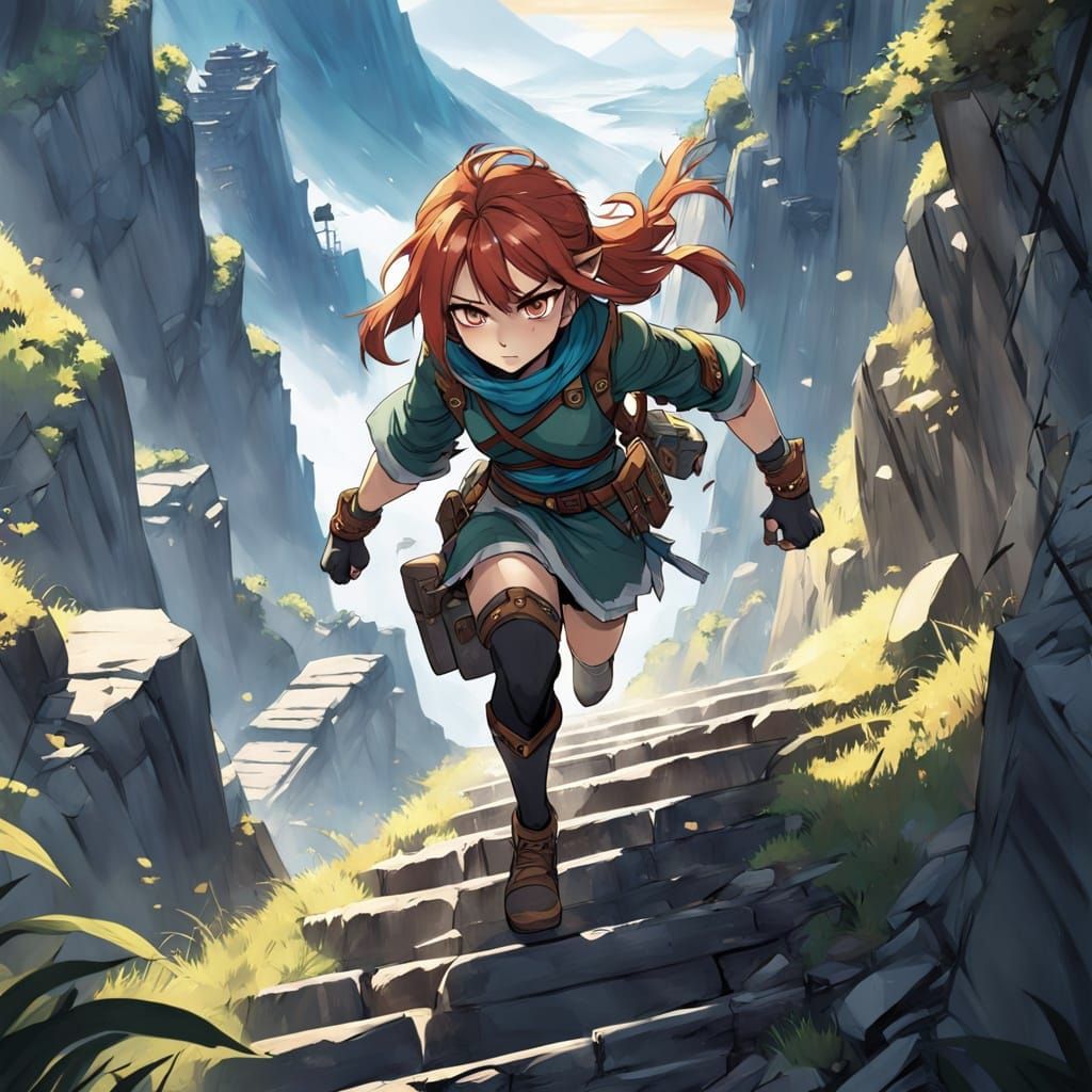 Determined Anime Warrior Ascends Mountain Stairway
