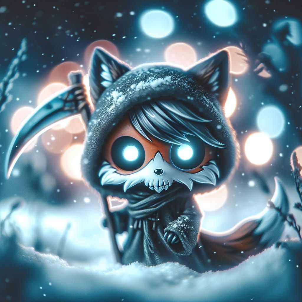 Ein untoter Chibi-fuchs mit leuchtenden Augen, der eine Sens...