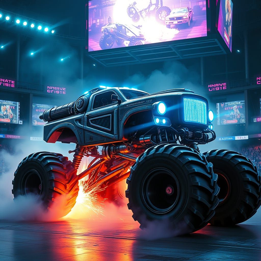 Futuristic Cyberpunk Monster Truck Robot Crashing Through Ar...
