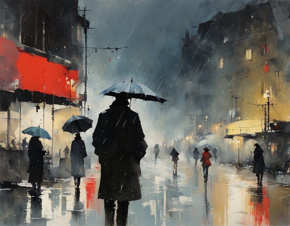 Rainy Winter Landscape in Watercolor Style