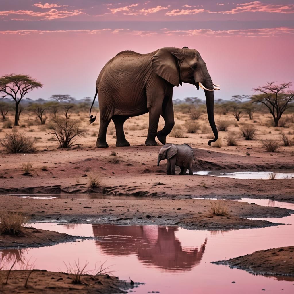 Elephant and Baby in Savanna Sunset