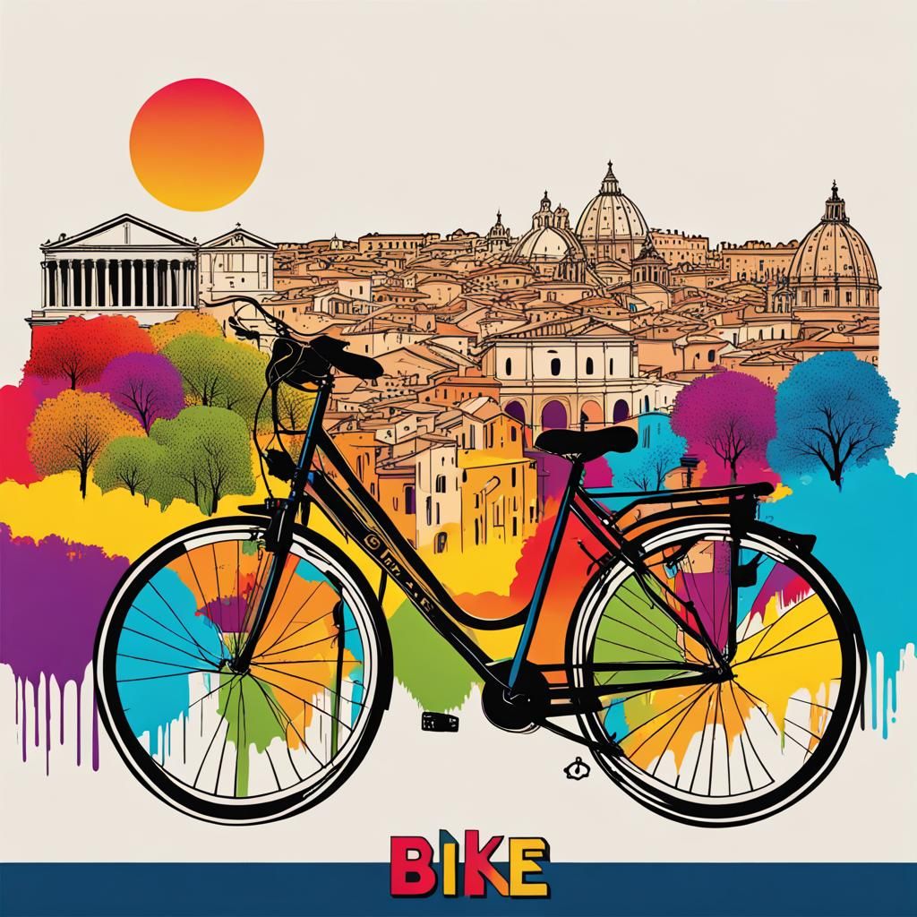 banner  di bike4city Roma,  sullo sfondo lo skyline di Roma mentre in primo piano persone in bicicletta e fiori cun anch...