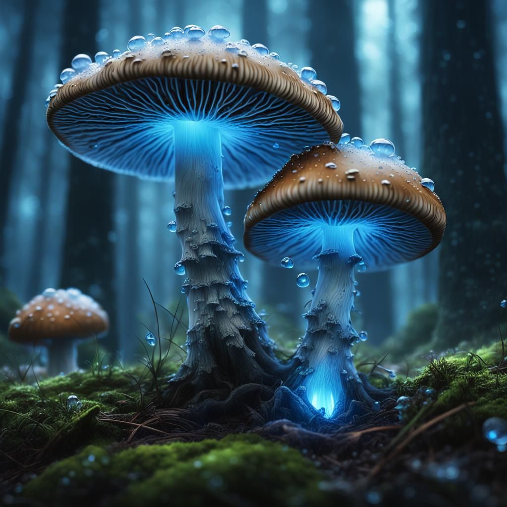 Glowing Galaxy Mushroom in Misty Forest: Macro Photography