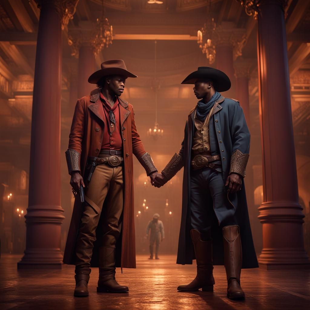 Jedediah Smith (cowboy) and Gaius Octavius (roman) gay lovers night at the museum holding hands