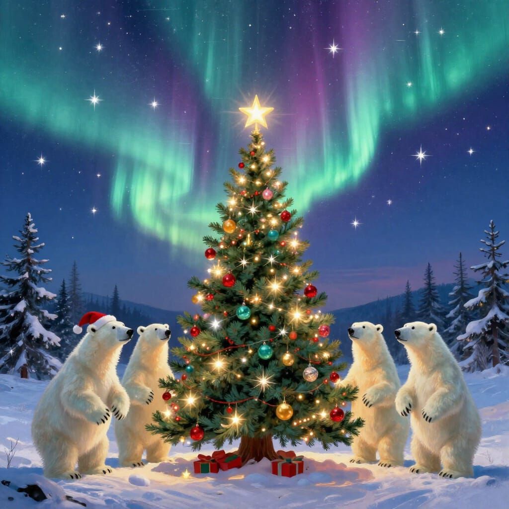 Coca-Cola Bears Celebrate Christmas Under Aurora Borealis