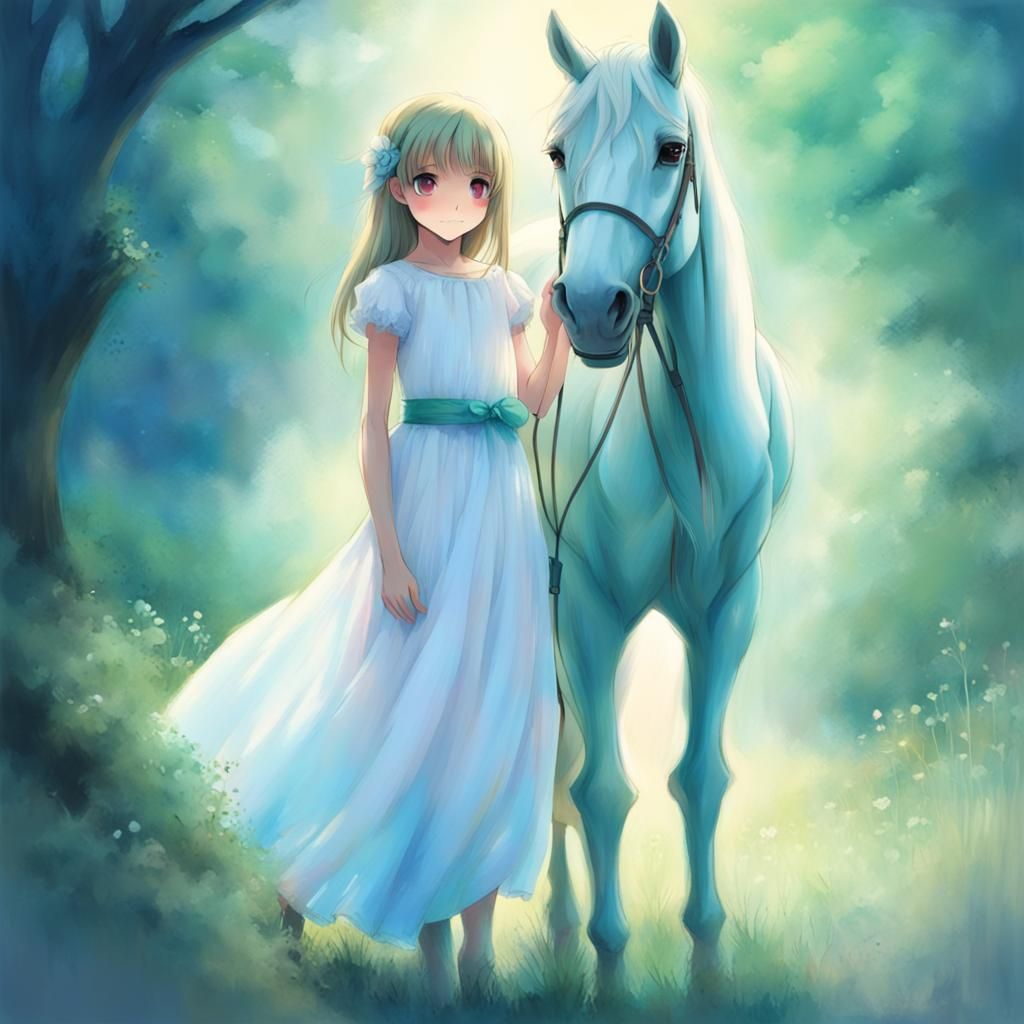 Anime Girl and Horse in Pastel Chalk Style