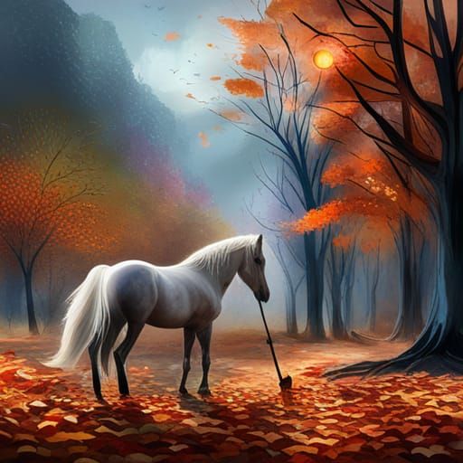 Horse Raking Leaves in Autumn Watercolor Style