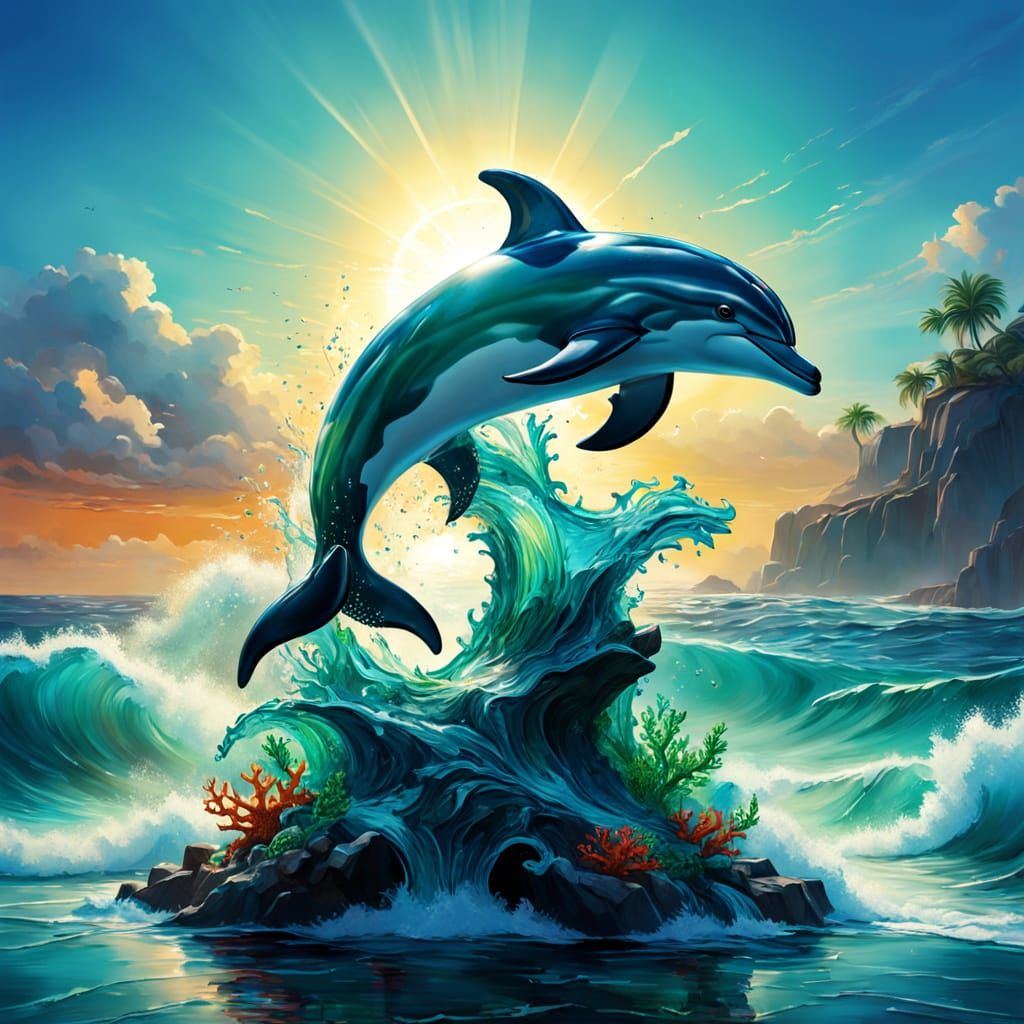 Colossal Sea Glass Dolphin Leaping Over Waves