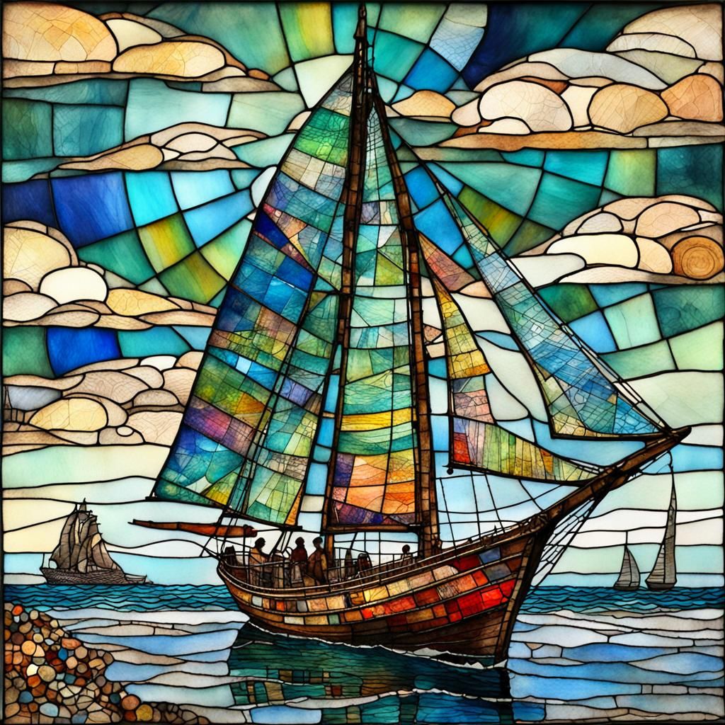 Very old Stained Glass Sailing-Ship..