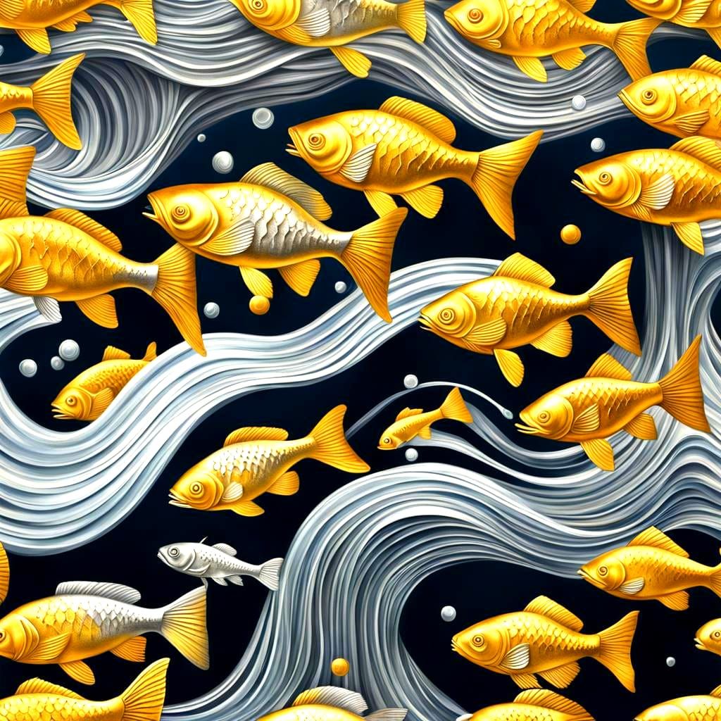 Surreal Cascade of Gold and Silver with Upward Fish