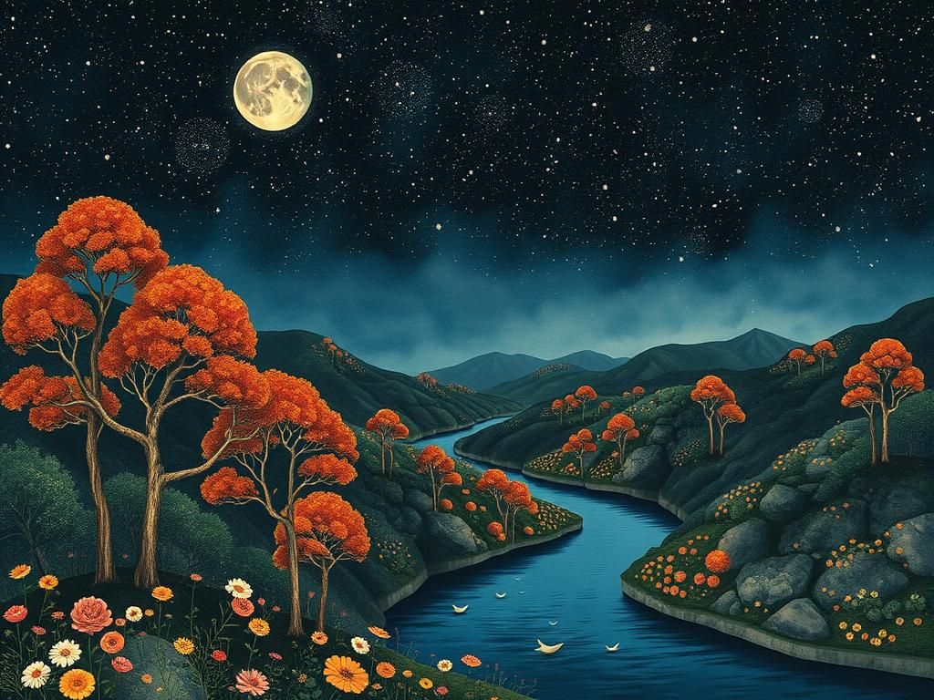 Whimsical Night Landscape Collage in Watercolor Style